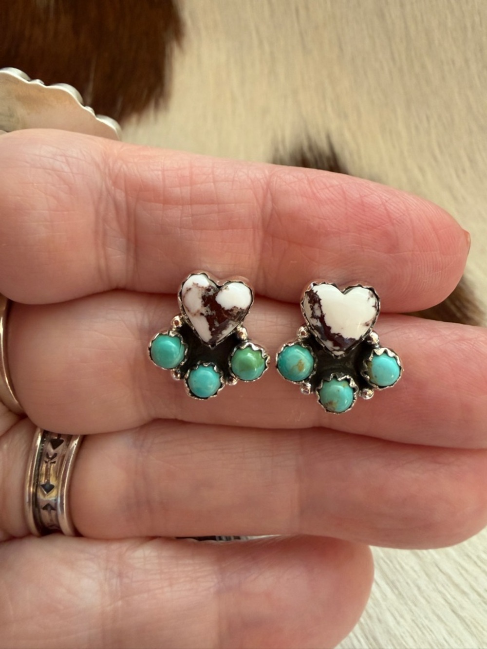 ❤️ Wild Horse Jasper Hearts & Kingman Turquoise 925 Navajo Style Stud Earrings - Picture 10 of 13